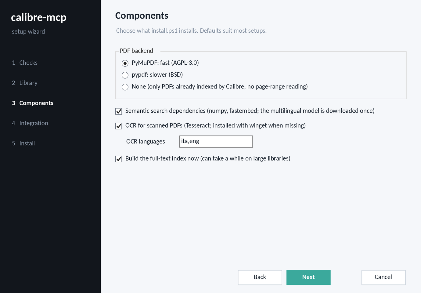 Setup wizard: choosing what to install