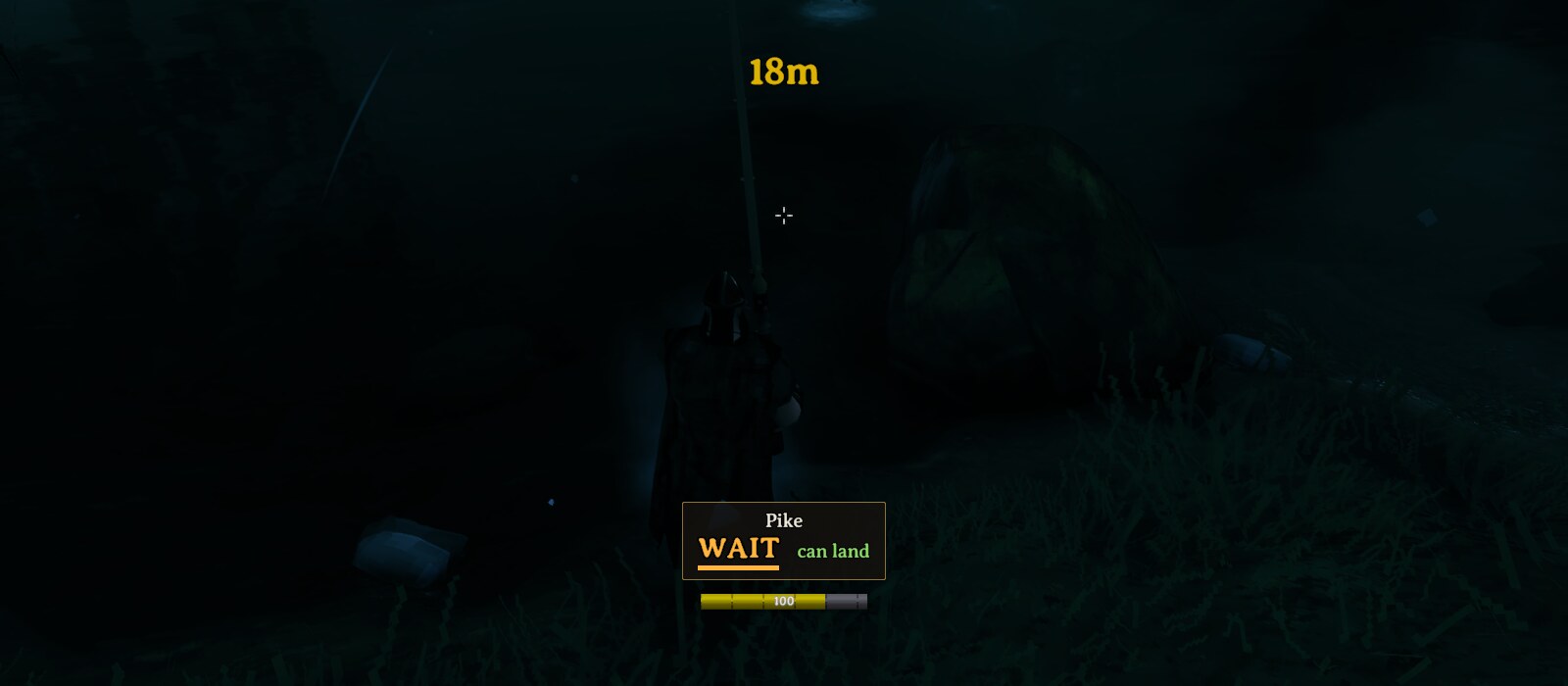 A hooked fish struggling, with the panel above the stamina bar showing WAIT and a forecast