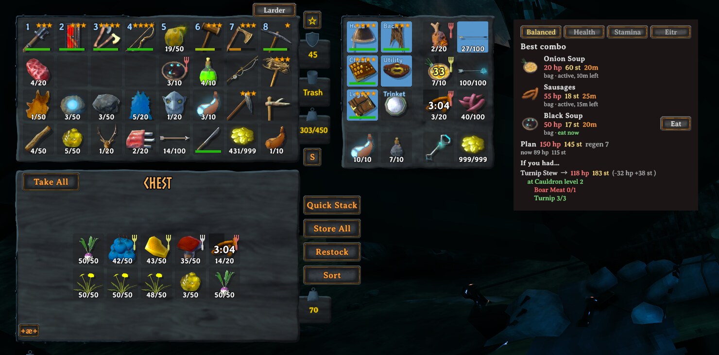 The Larder panel next to the inventory and an open chest