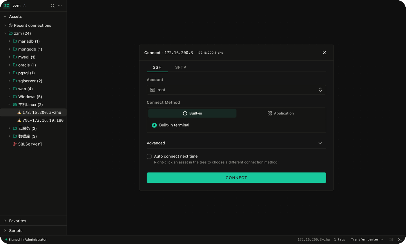 Finestra di connessione SSH di JumpServer