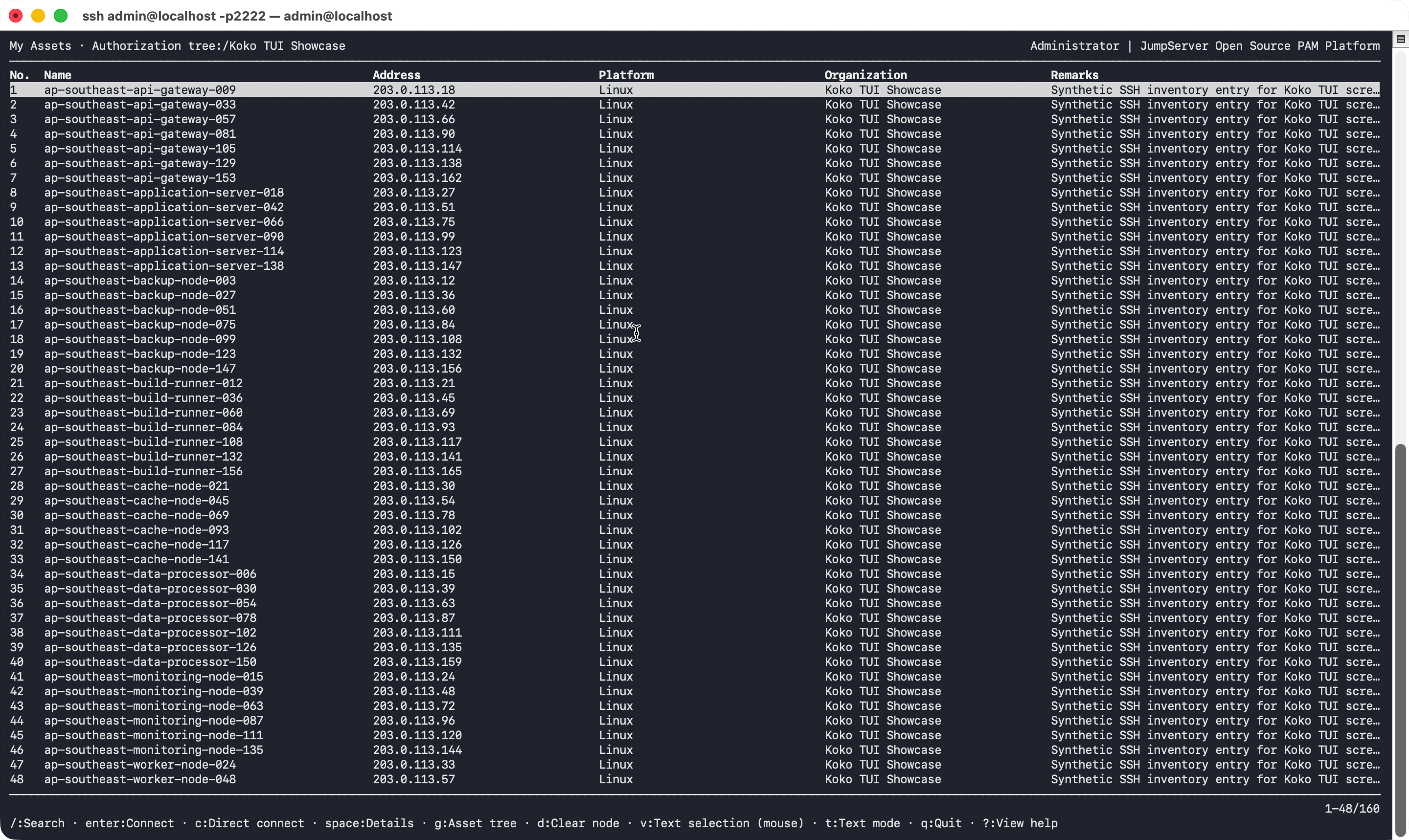 Browser degli asset TUI di KoKo con asset autorizzati ricercabili