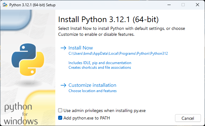 Screenshot of an installation window for Python 3.9 showing two options, 'Install Now' and 'Customize installation', with the checkbox for 'Add Python 3.9 to PATH' being selected