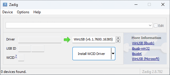 9-frame GIF demostrating Zadig's main interface, List All Devices option being selected from Option menu, QHSUSB_BULK being selected from the main dropdown list, followed by the second label box on the Drivers line, to which the green arrow points, changed to 'libusb-win32 (v1.2.6.0)'. Two smaller up/down arrows are right next to that box.