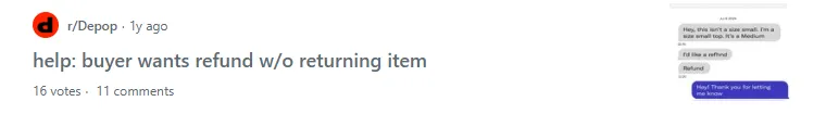 Screenshot of a Reddit post from r/Depop where a user asks for help dealing with a buyer who wants a refund without returning the purchased item.