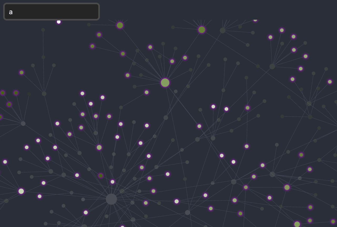 Matching nodes highlighted with a glow ring while the rest of the graph is dimmed