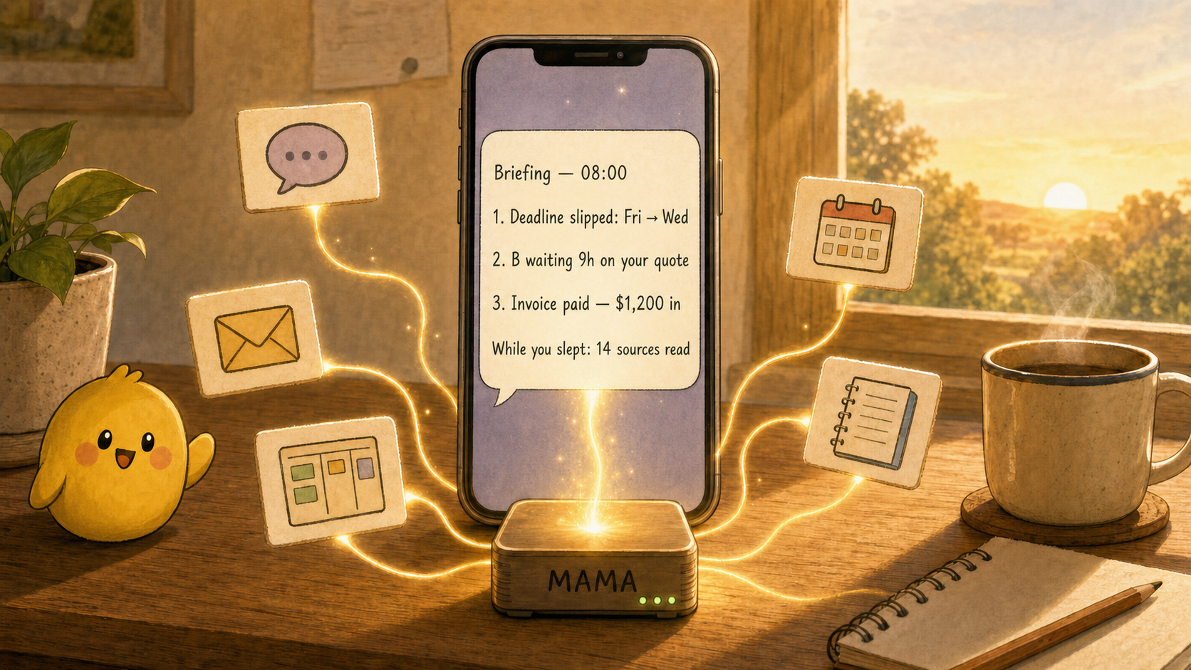 An illustrated morning desk: channel cards (chat, mail, kanban, calendar, notes) send glowing threads into a small box labeled MAMA, which delivers a briefing to the phone: deadline slipped Fri to Wed, B waiting 9h on your quote, invoice paid $1,200 in, while you slept 14 sources read.