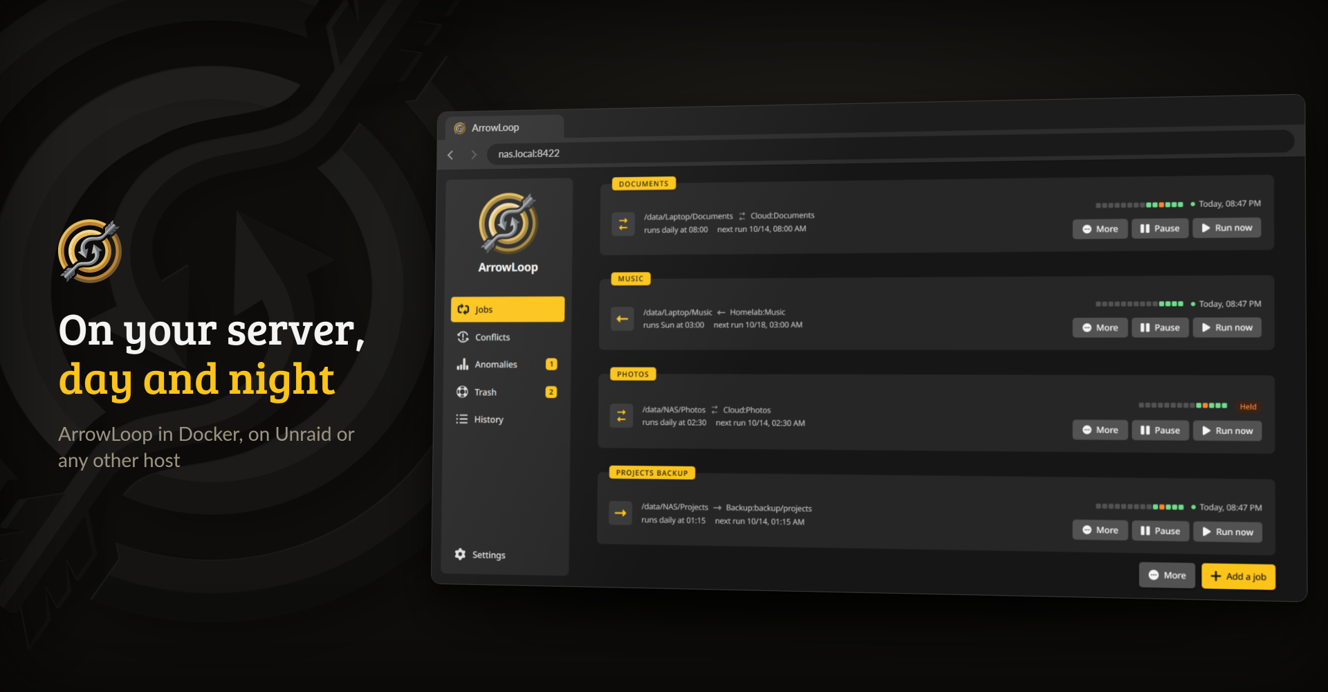 The web interface of the container in a browser, listing four jobs