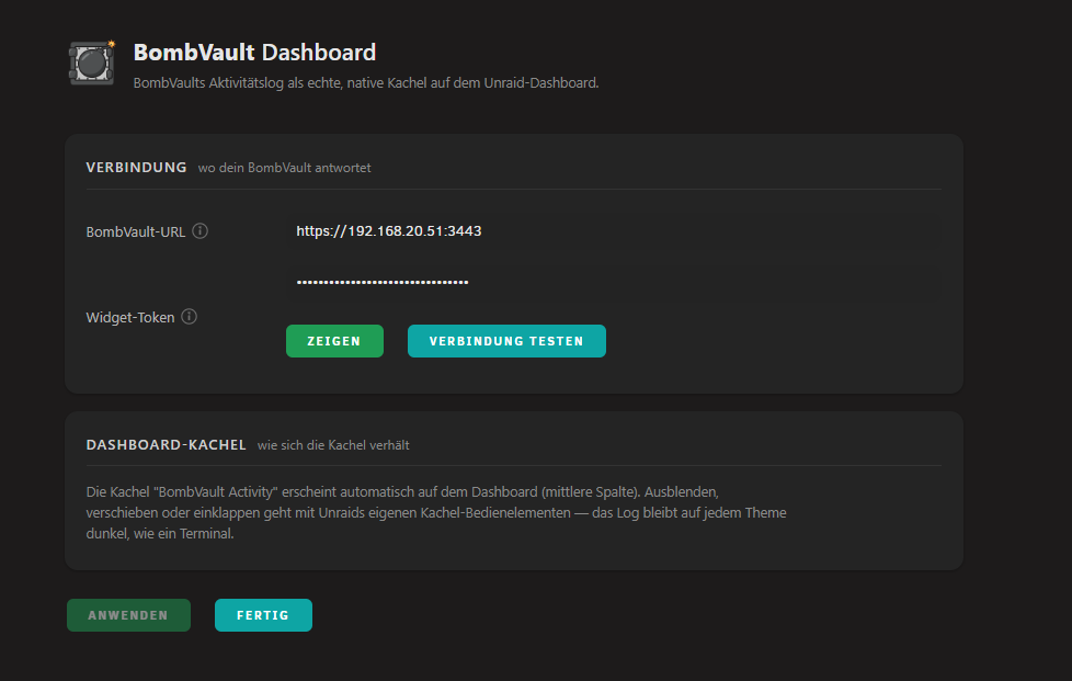 BombVault Widget settings page