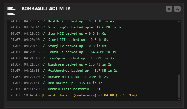 BombVault Activity tile on the Unraid dashboard