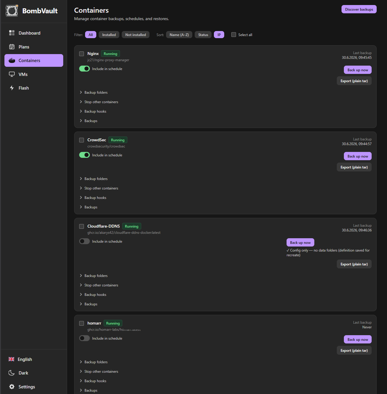 BombVault Containers tab — per-container backup with schedule toggle, hooks and export