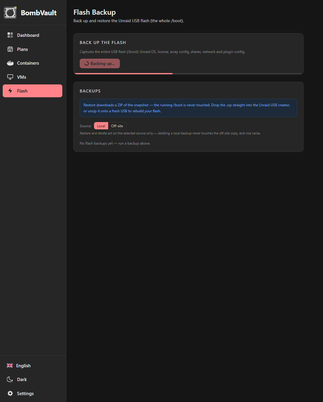 BombVault Flash tab — whole-USB flash backup with live progress bar