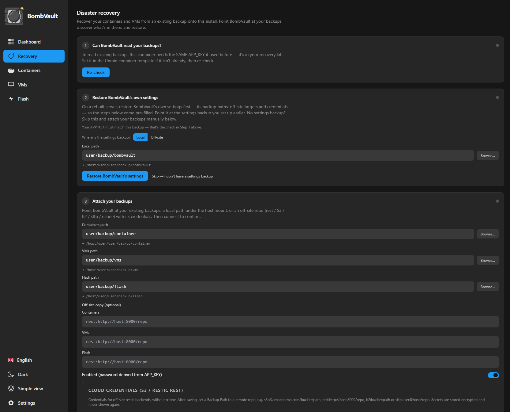 BombVault Recovery — guided disaster-recovery flow onto a fresh install