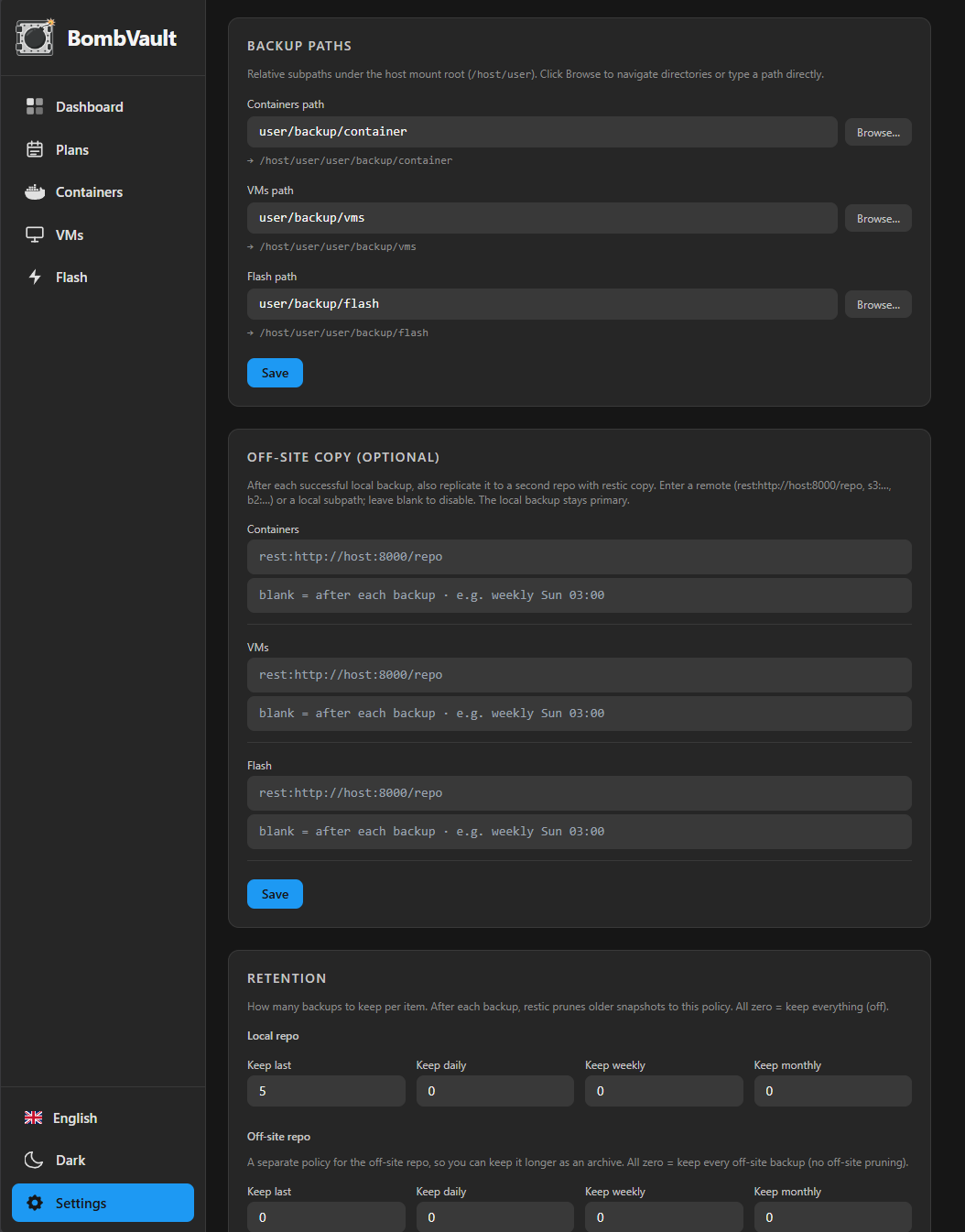 BombVault Settings — backup paths, off-site copy and retention