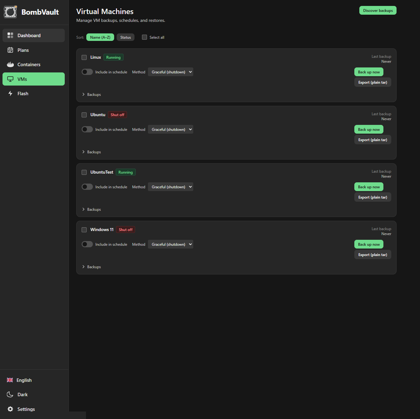 BombVault VMs tab — KVM/libvirt VM backups over SSH