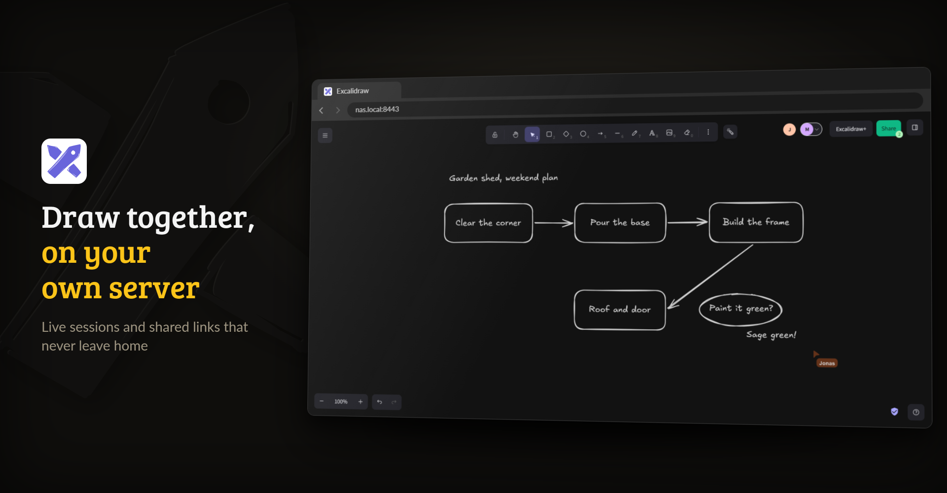 Two people drawing on the same Excalidraw board in dark mode, the second one's cursor labelled Jonas