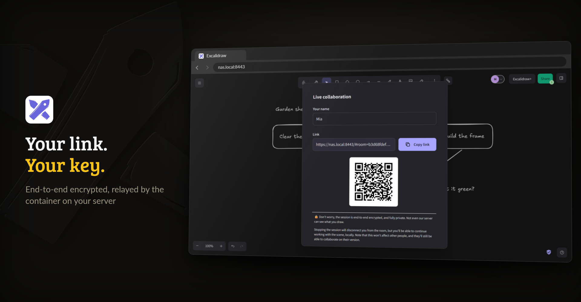 The live collaboration dialog with the session link and its QR code
