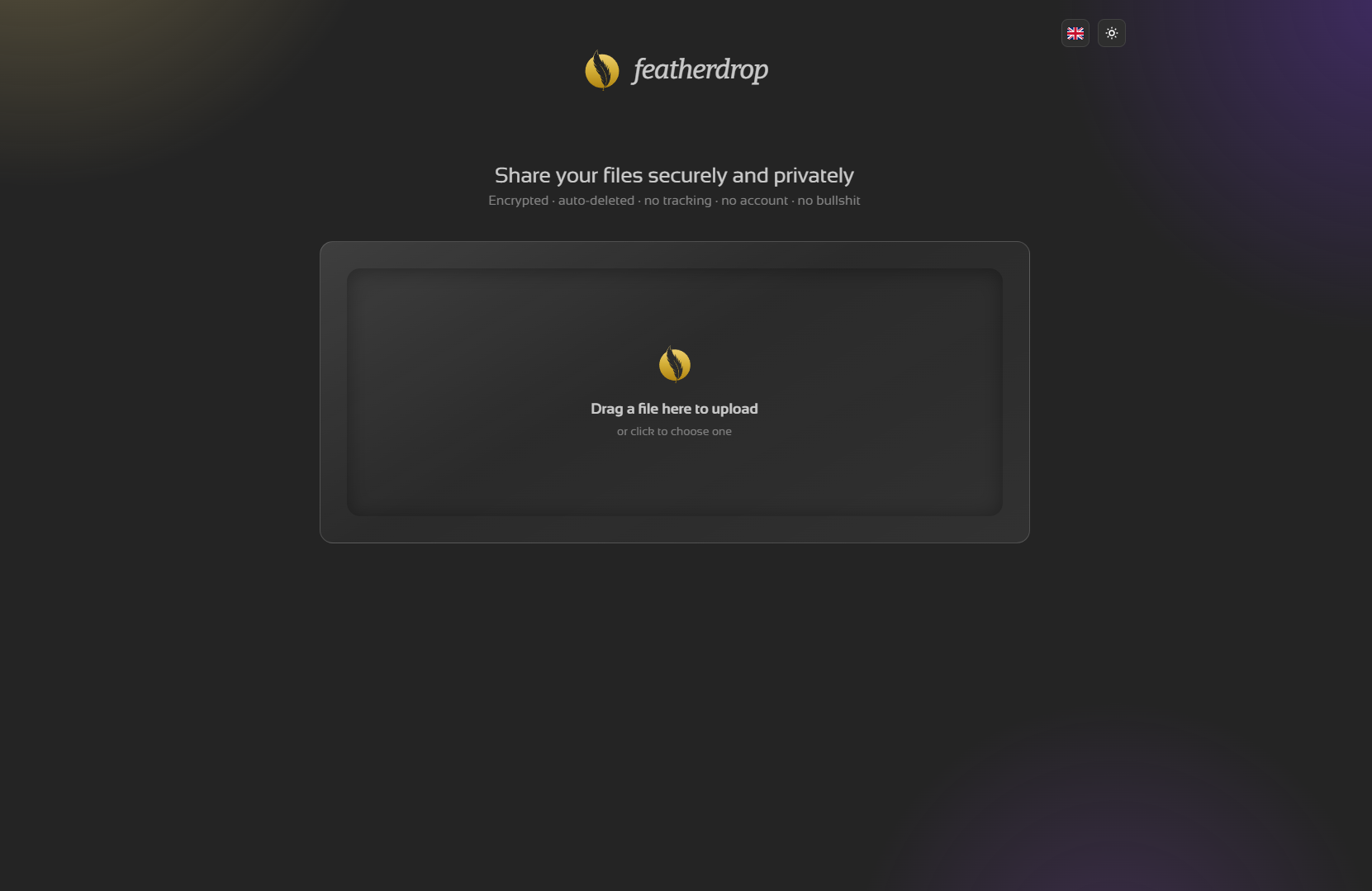featherdrop home — dark theme