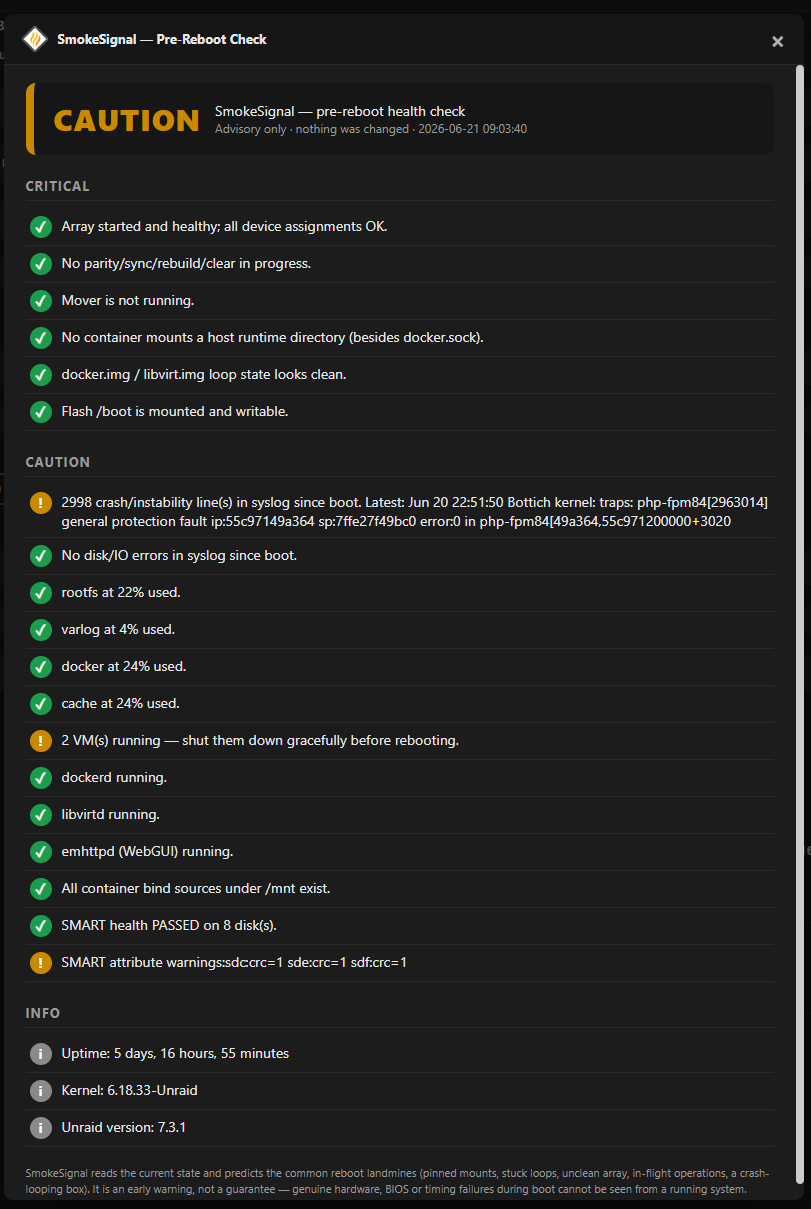 FireSquire pre-reboot report with a CAUTION verdict