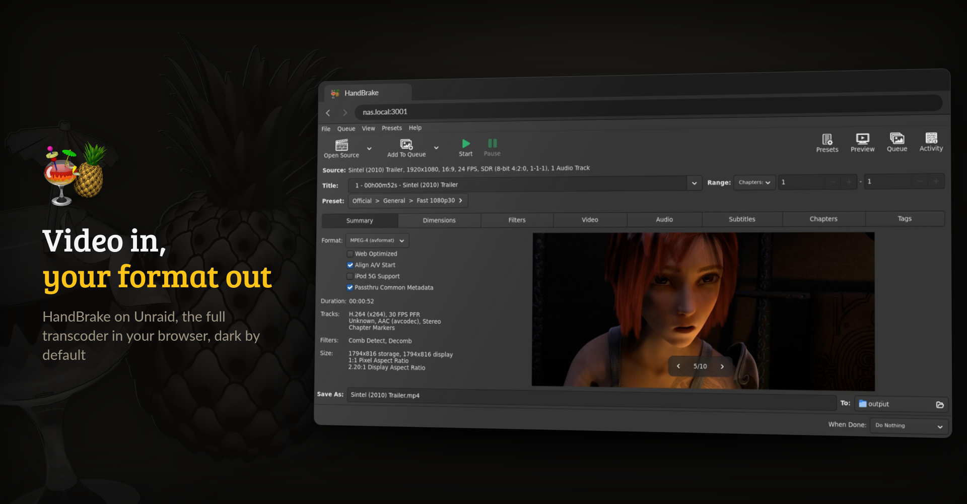 HandBrake in a browser window with the Sintel trailer loaded and a frame of it in the preview