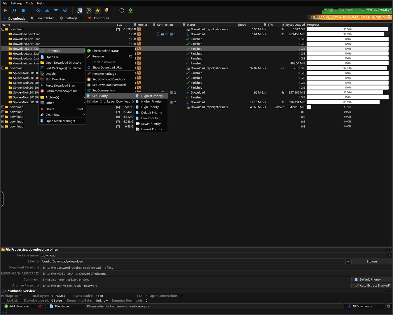 JDownloader download list with the Carbon dark theme and right-click menu