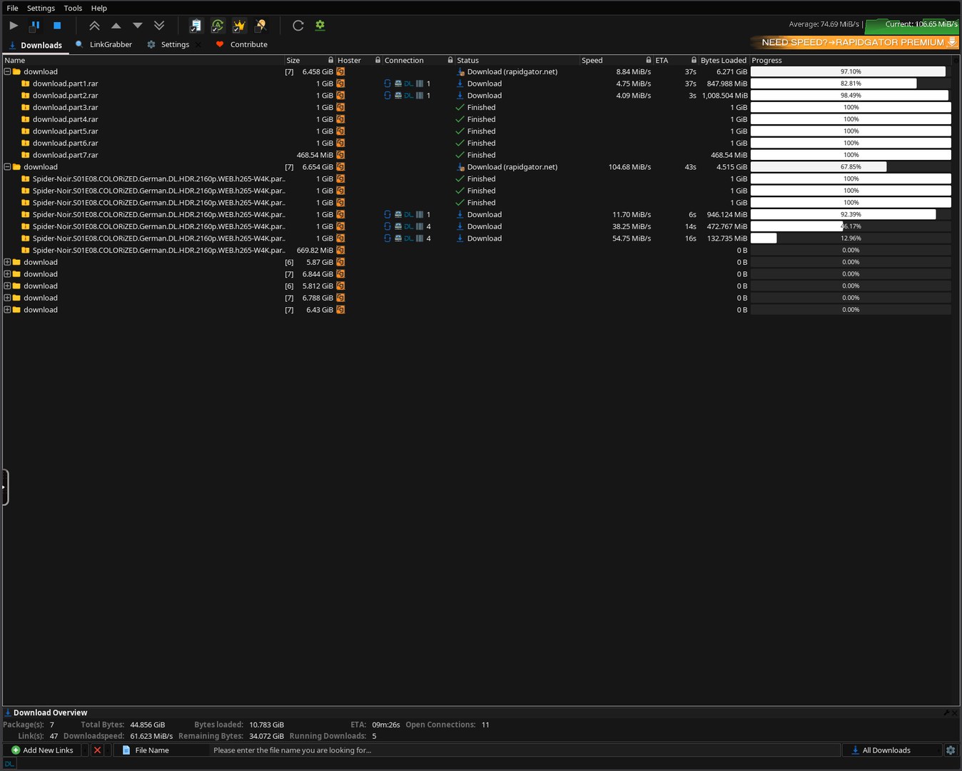 JDownloader downloading multiple packages with the dark theme