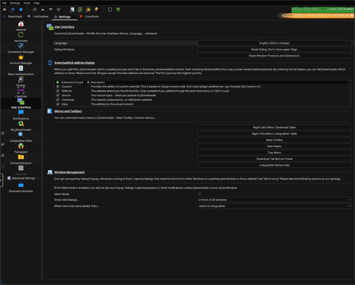 JDownloader Settings — User Interface tab, fully dark