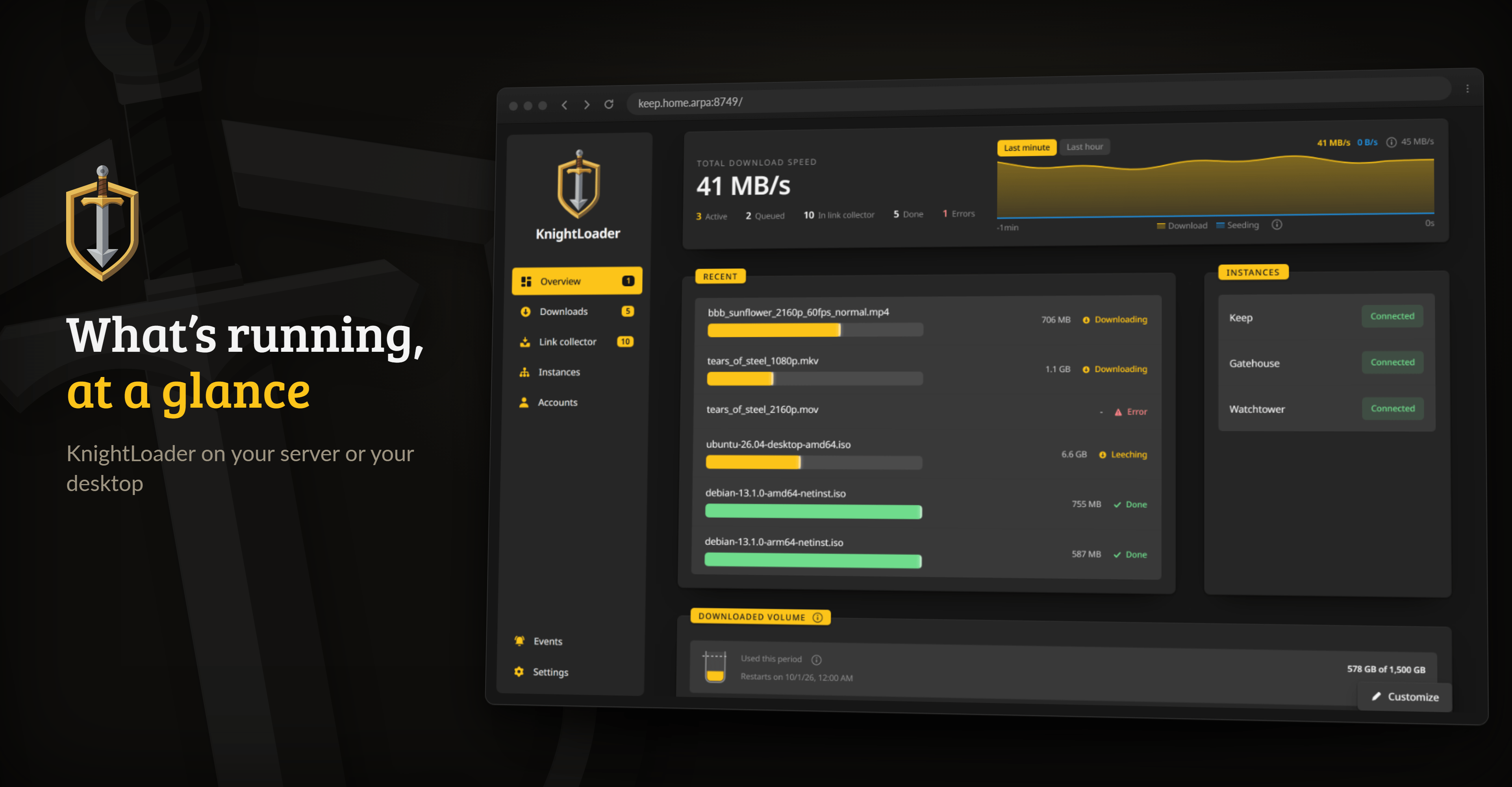 Overview with what needs you, the total speed, the way from hoster to disk and the latest downloads