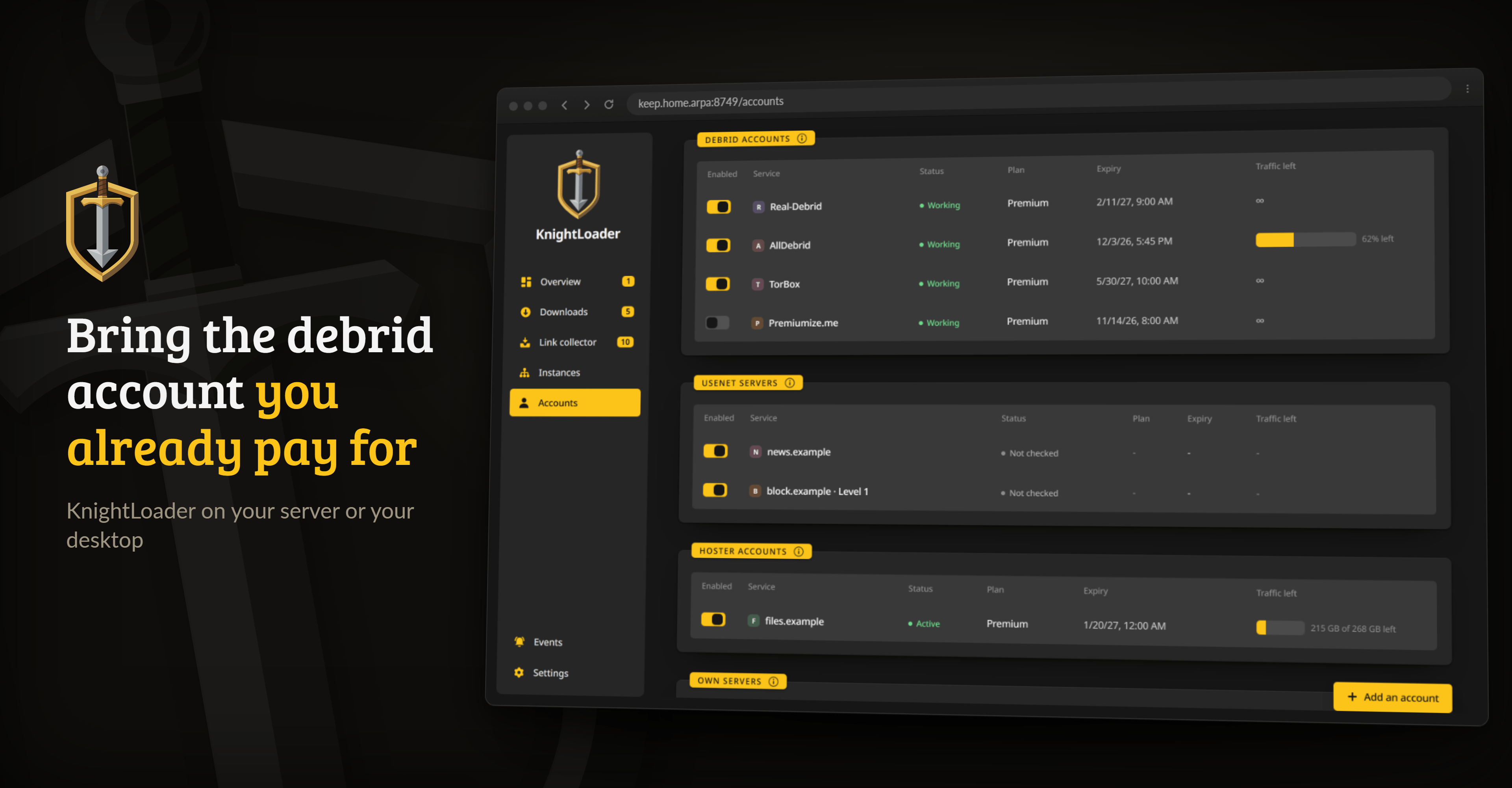 Accounts with four debrid services, two Usenet servers and a hoster login