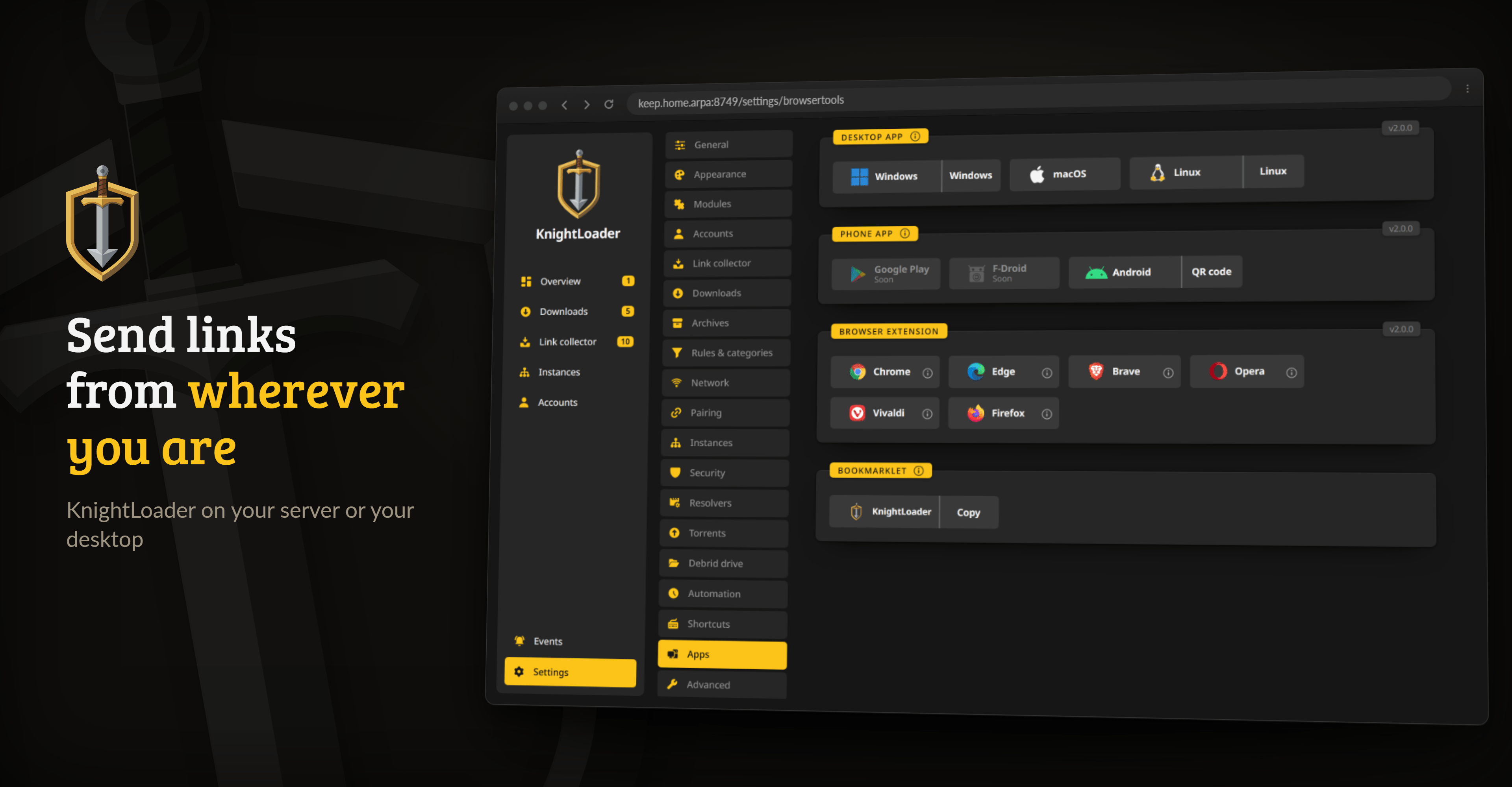 The Apps page with the desktop apps, the phone app, the browser extensions and the bookmarklet
