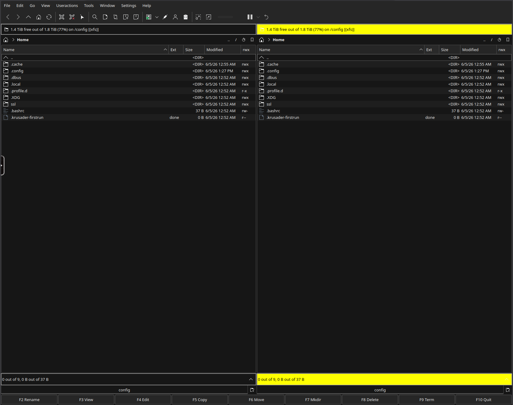 Krusader twin-pane main view with Dark Mode theme