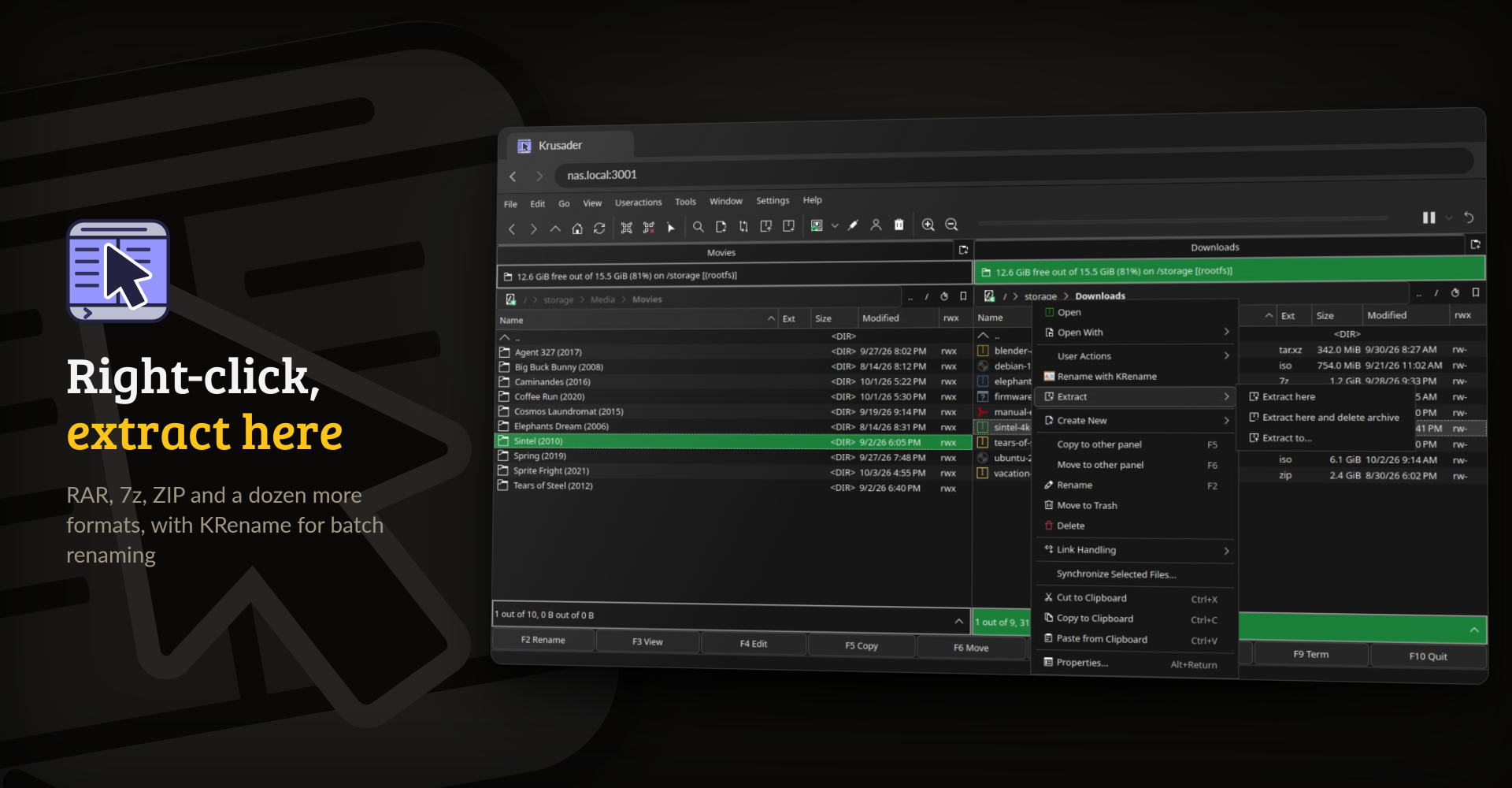 The right-click menu on a RAR archive, with Extract here, Rename with KRename and the copy and move actions