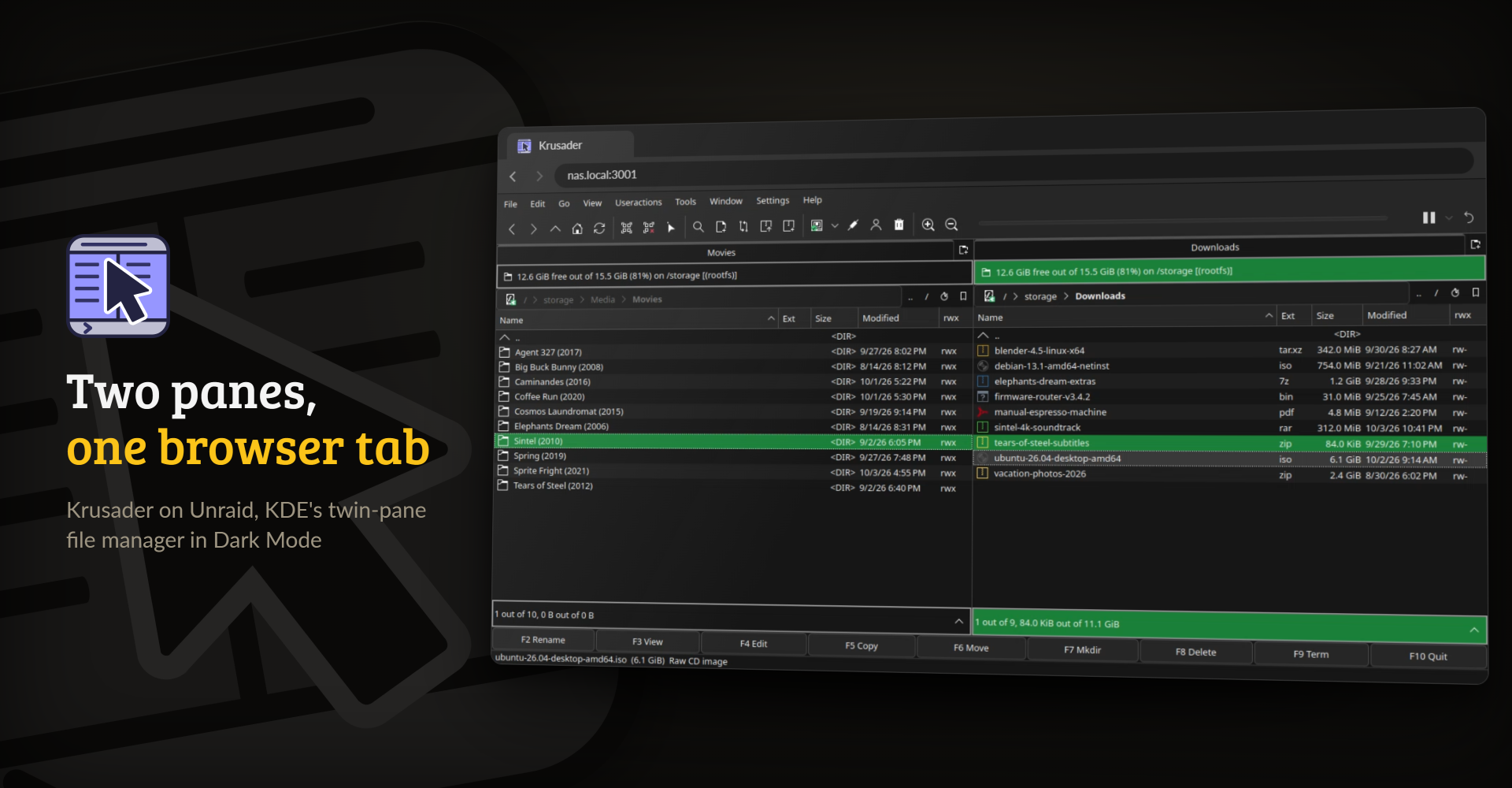 Krusader in a browser window, with a folder of movies on the left and a downloads folder on the right