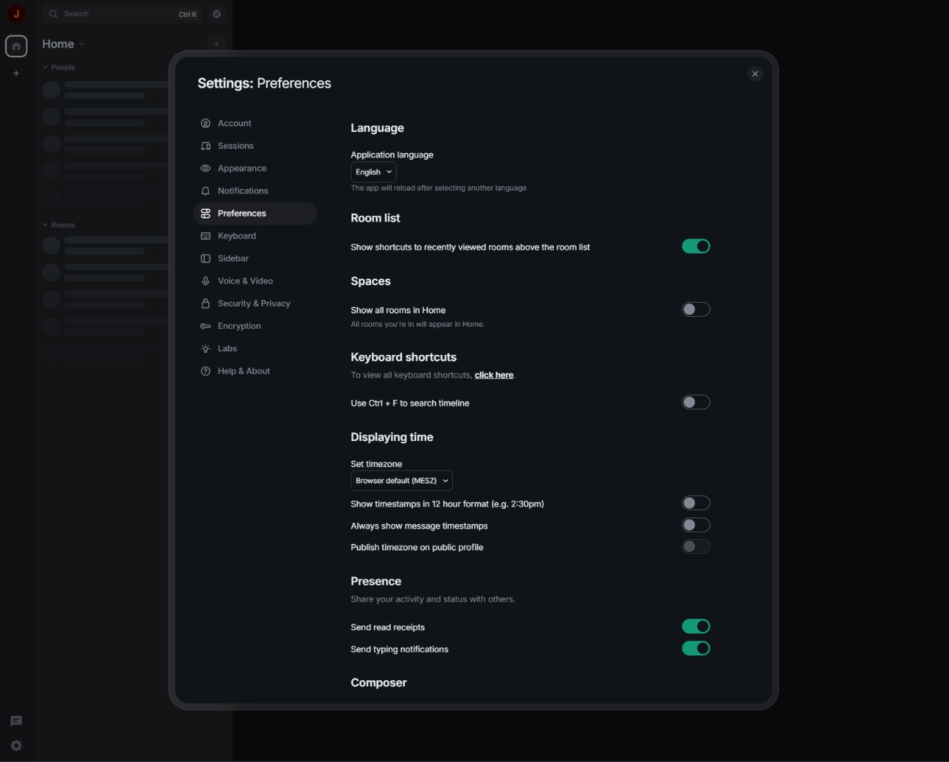 Element — Preferences with language and timezone settings