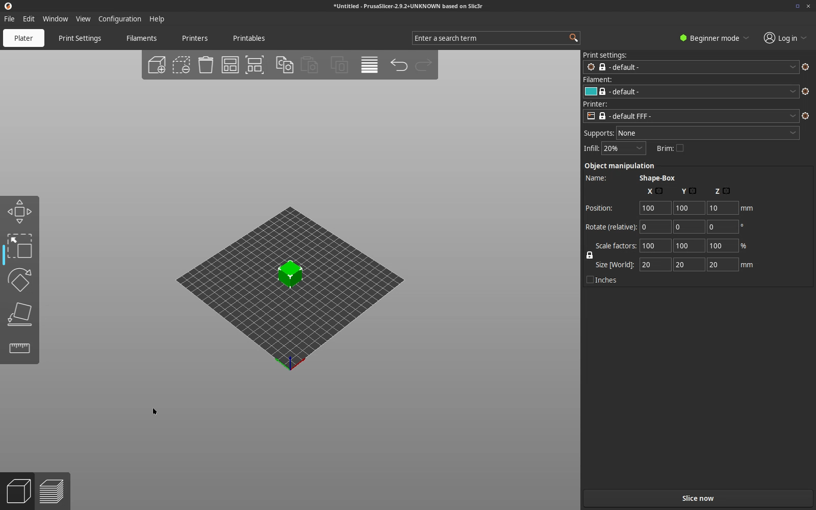 PrusaSlicer plater — a model on the 3D build plate, streamed to the browser