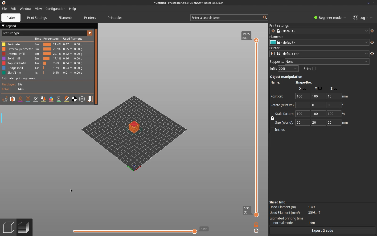 PrusaSlicer sliced preview — colour-coded toolpaths, per-feature breakdown and print-time estimate