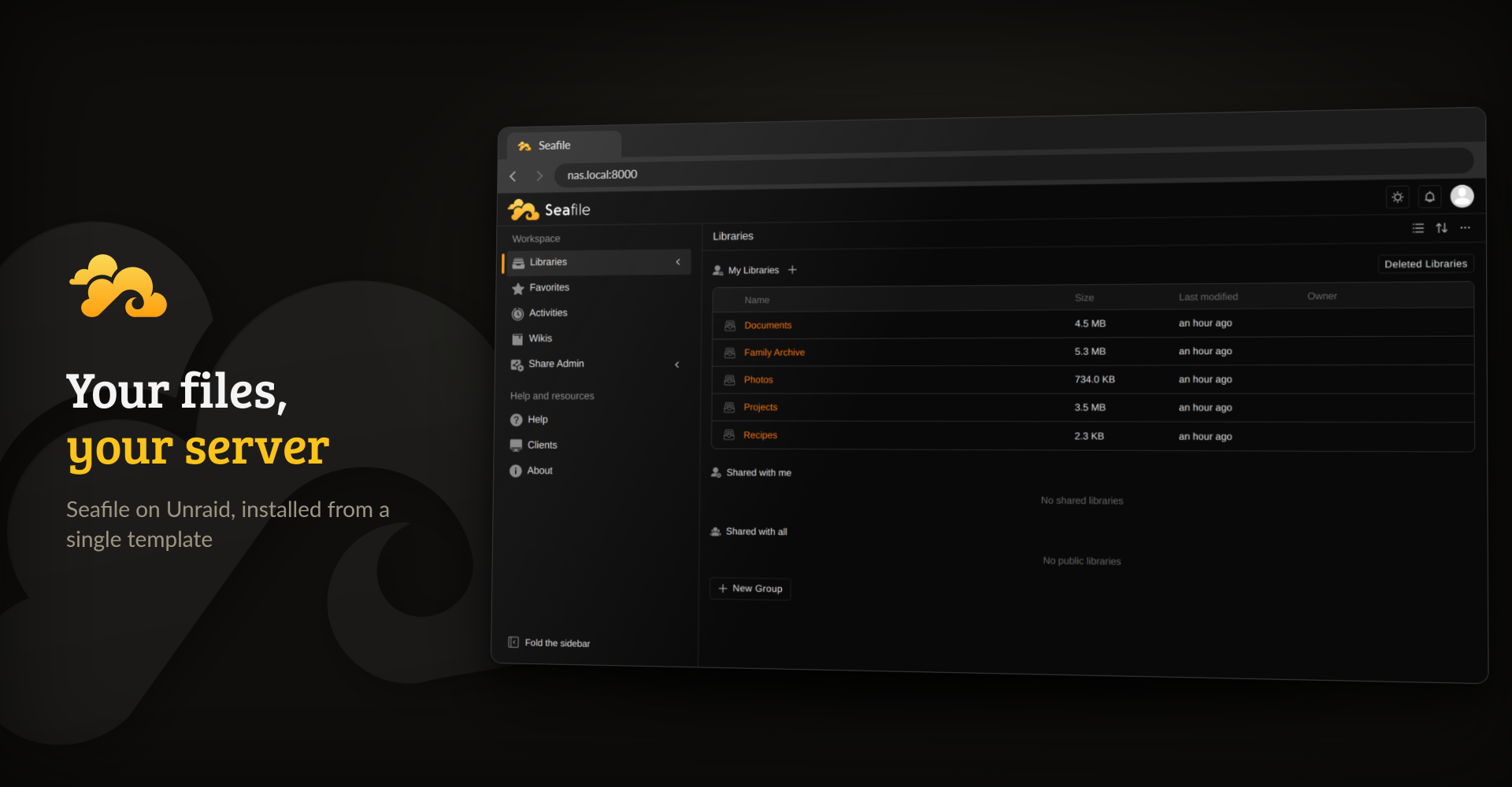 Seafile's library list in a browser, five libraries in dark mode