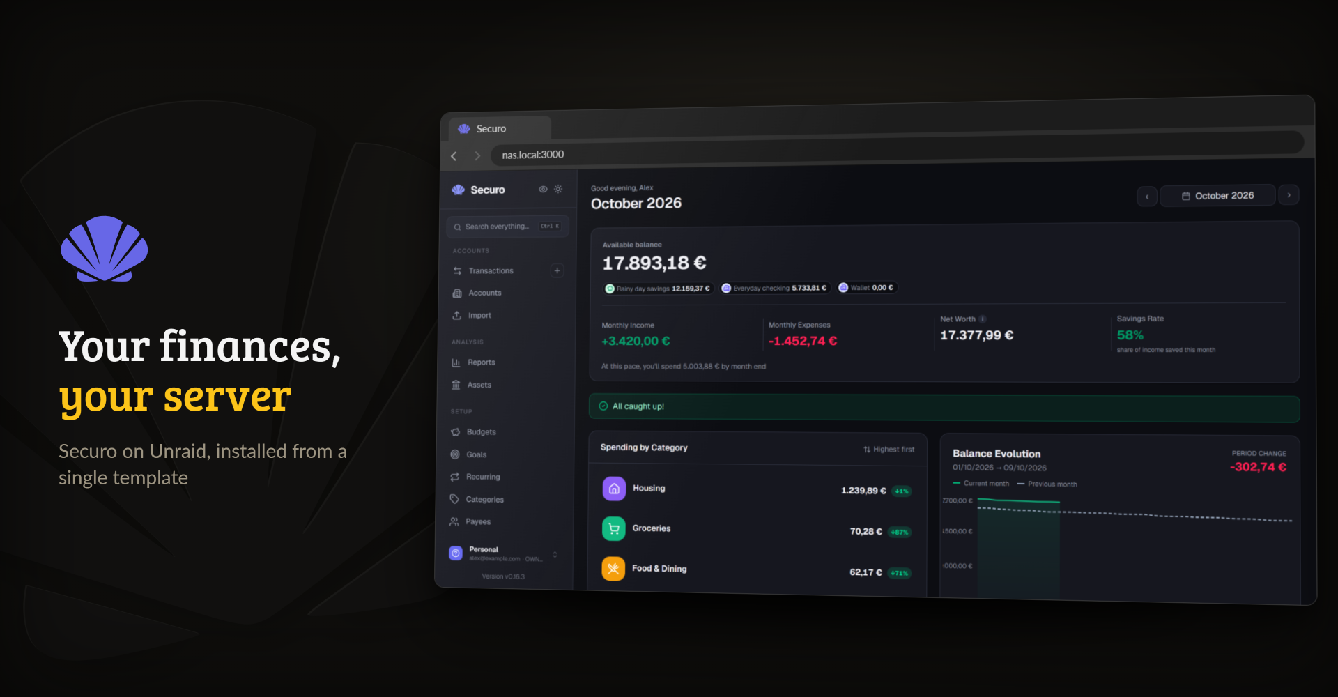Securo's dashboard with balances, spending by category and the latest transactions