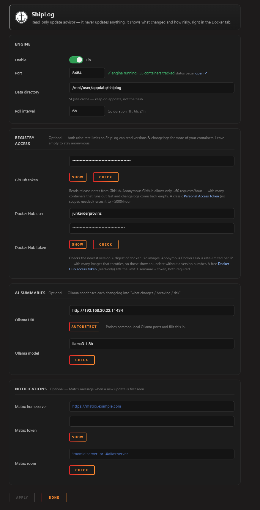 ShipLog settings page