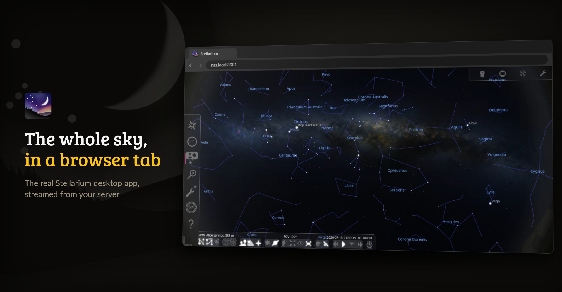 Stellarium in a browser window: the Milky Way from Crux to Cygnus, with constellation lines and names