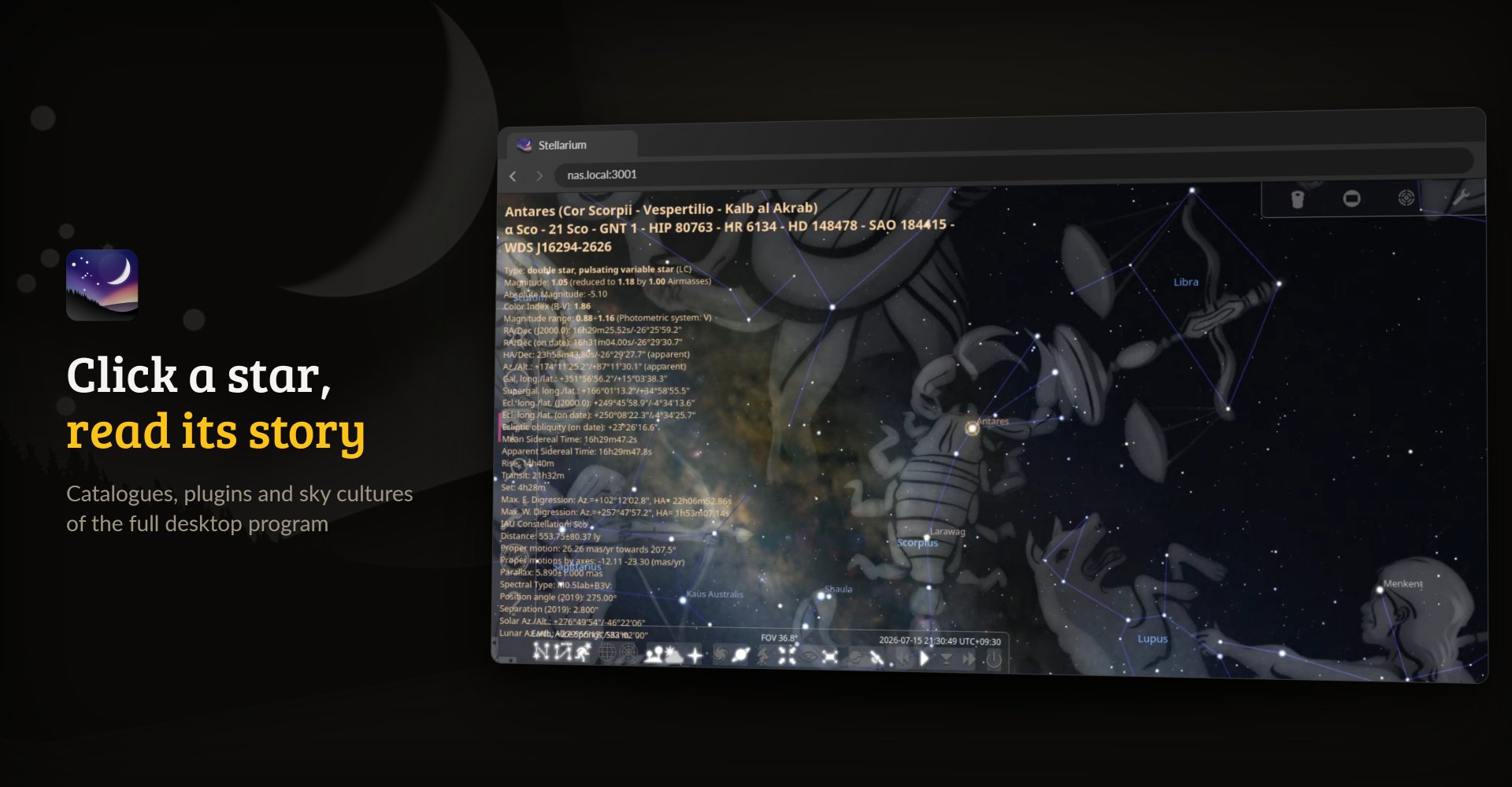 Stellarium zoomed into Scorpius with the constellation art on, showing the data panel for Antares
