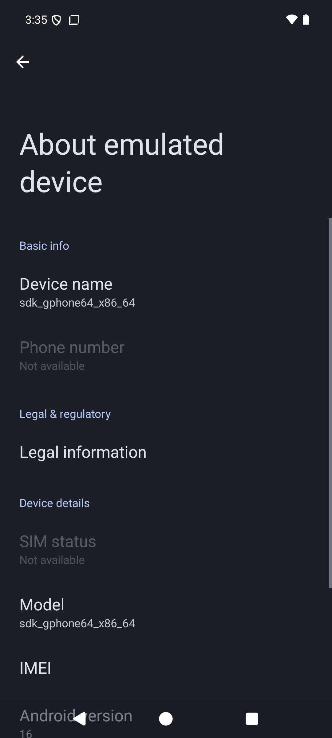 Android 16, API 36, reported by the device itself
