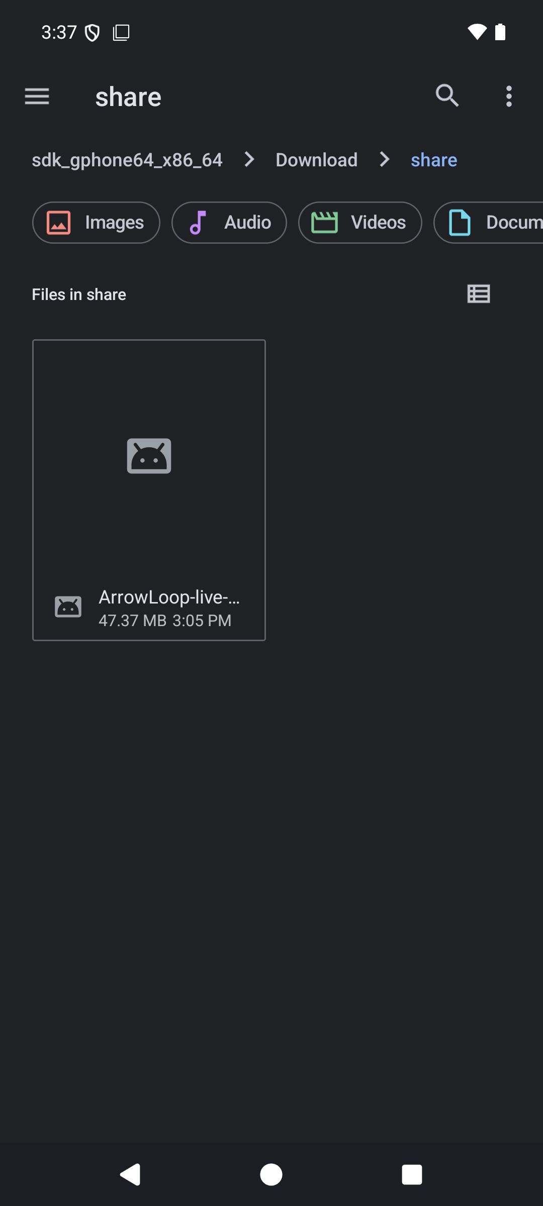 The share folder on the device, holding an APK