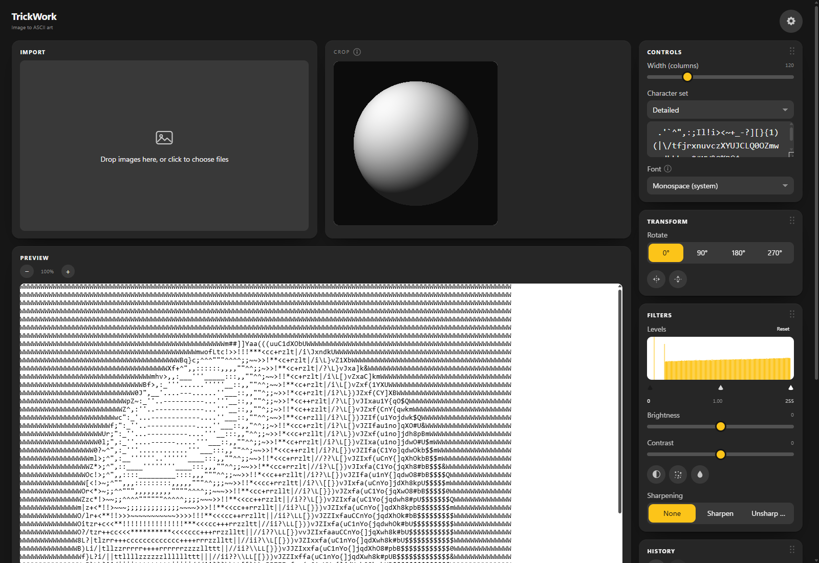 TrickWork in dark mode — a converted image, live preview and export options