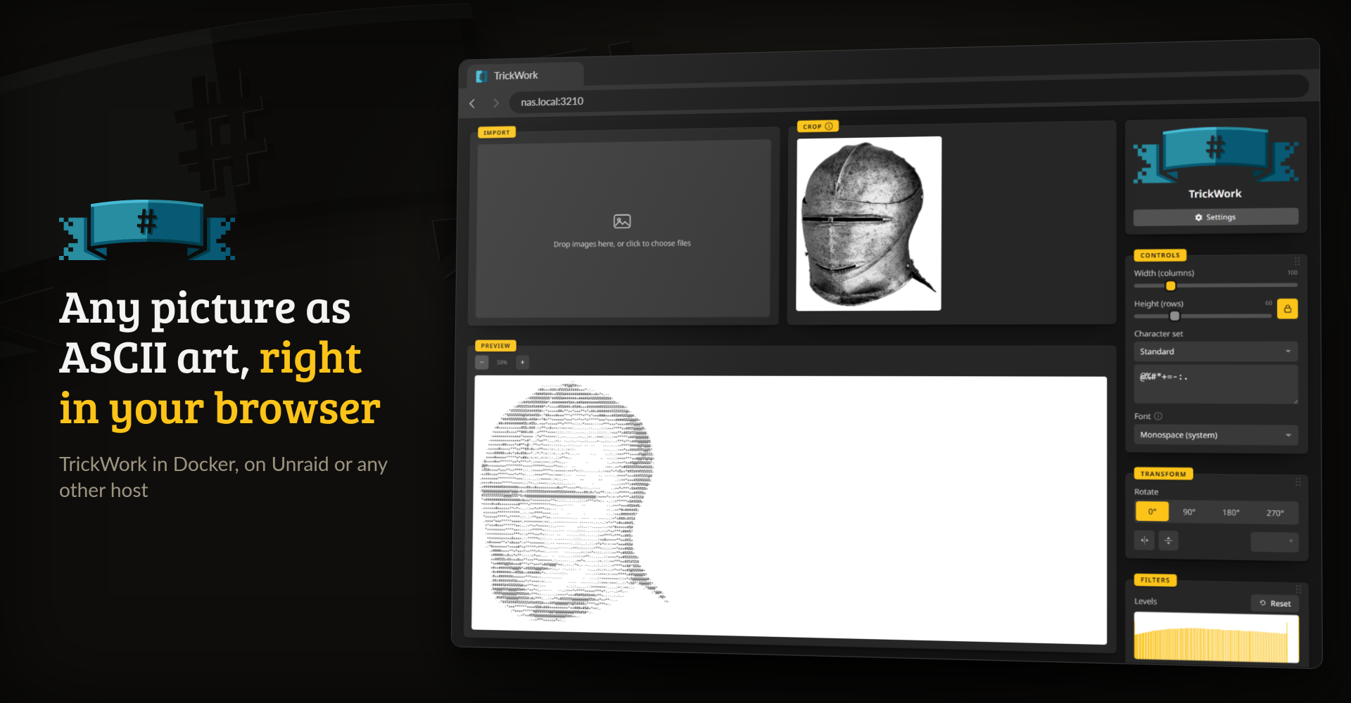 TrickWork in a browser window at nas.local:3210, turning a knight's helmet into ASCII art