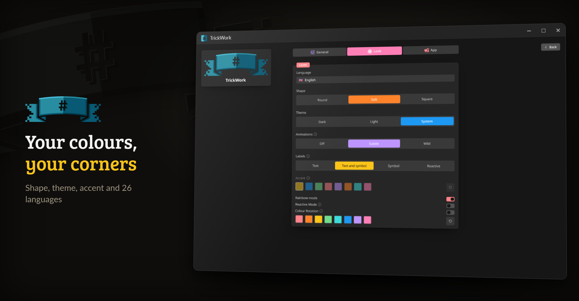 The Look tab of TrickWork's settings with shape, theme, animations, labels and rainbow colours