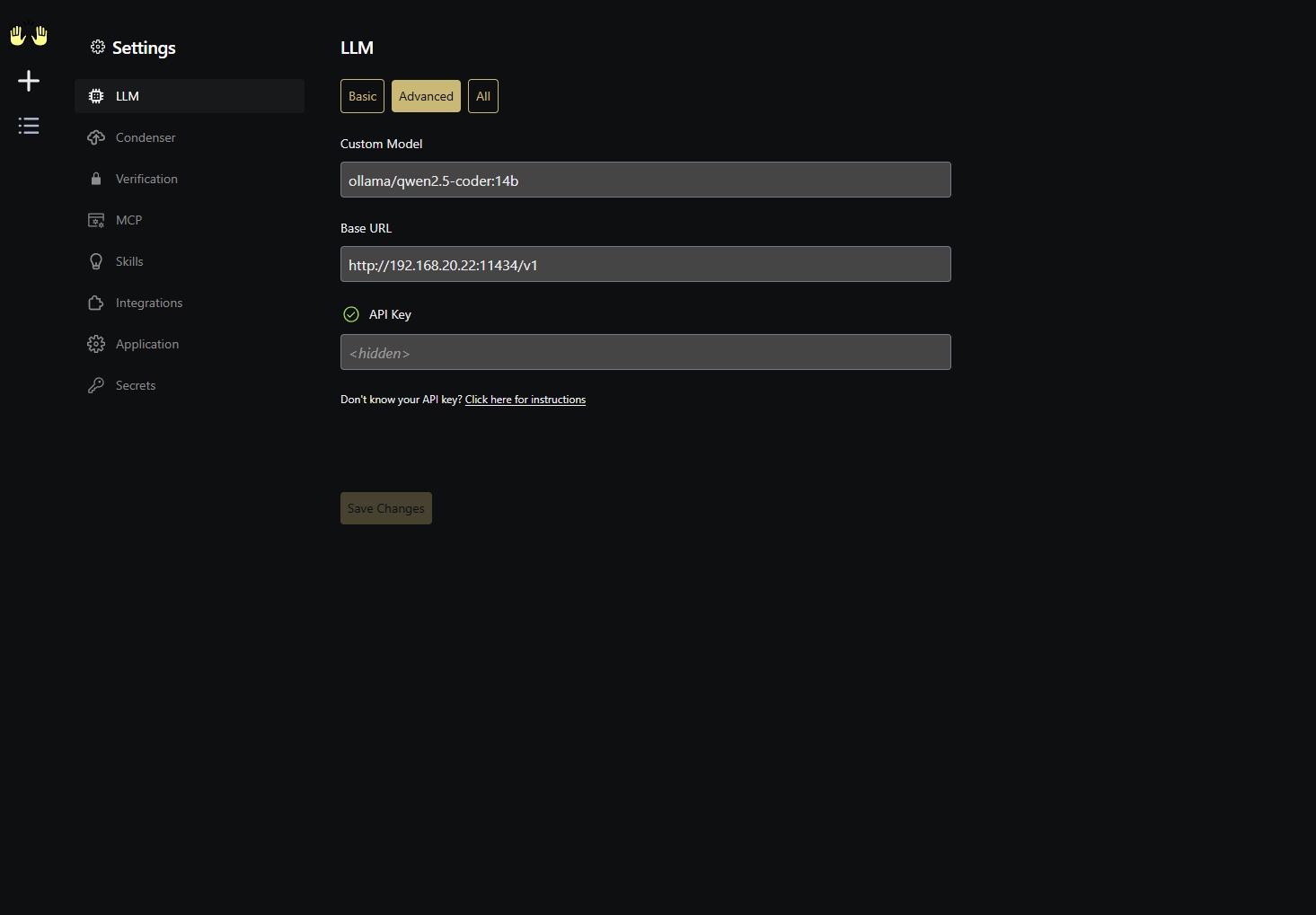 OpenHands — LLM settings with local Ollama endpoint