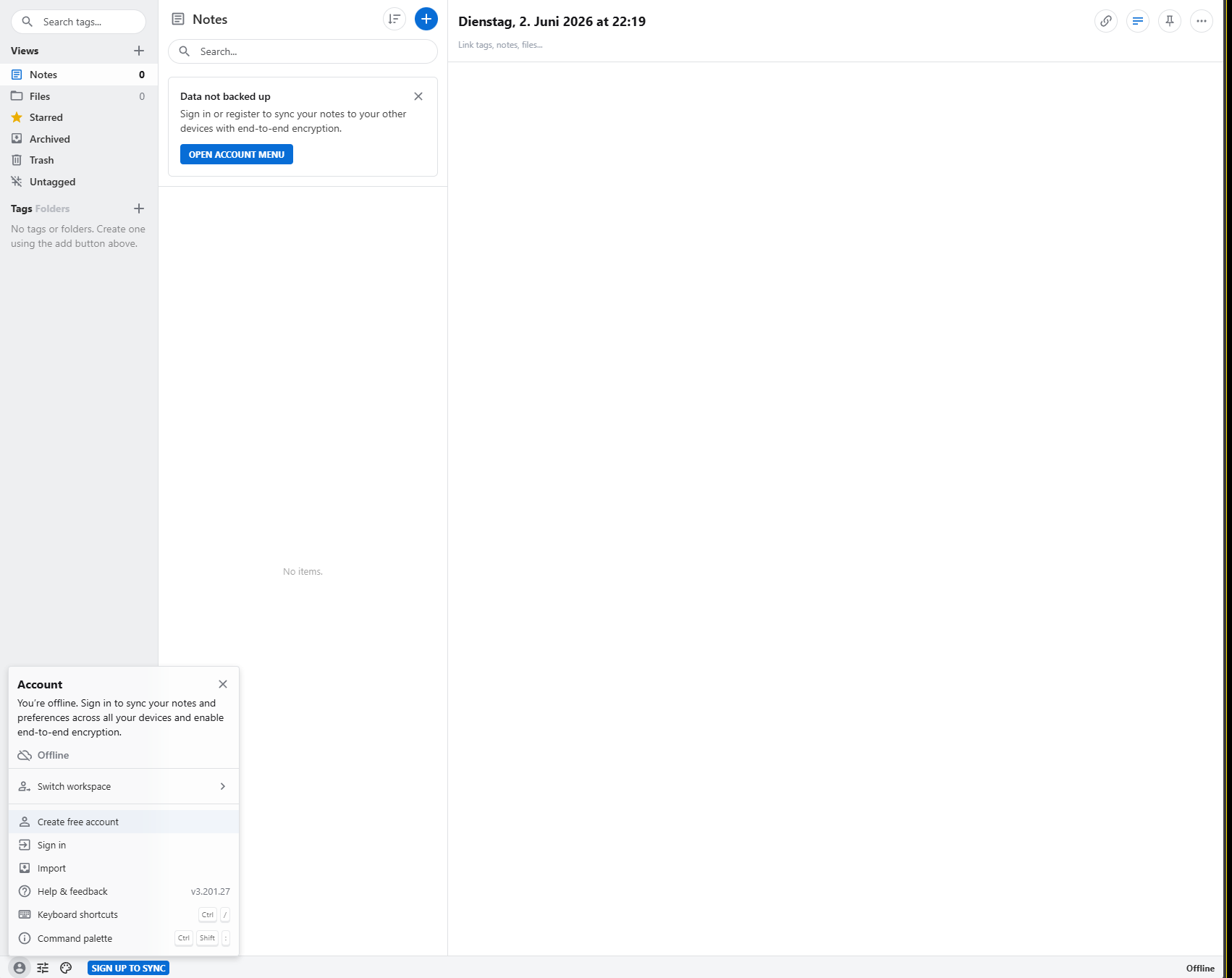 Standard Notes web client — Notes view (light theme)