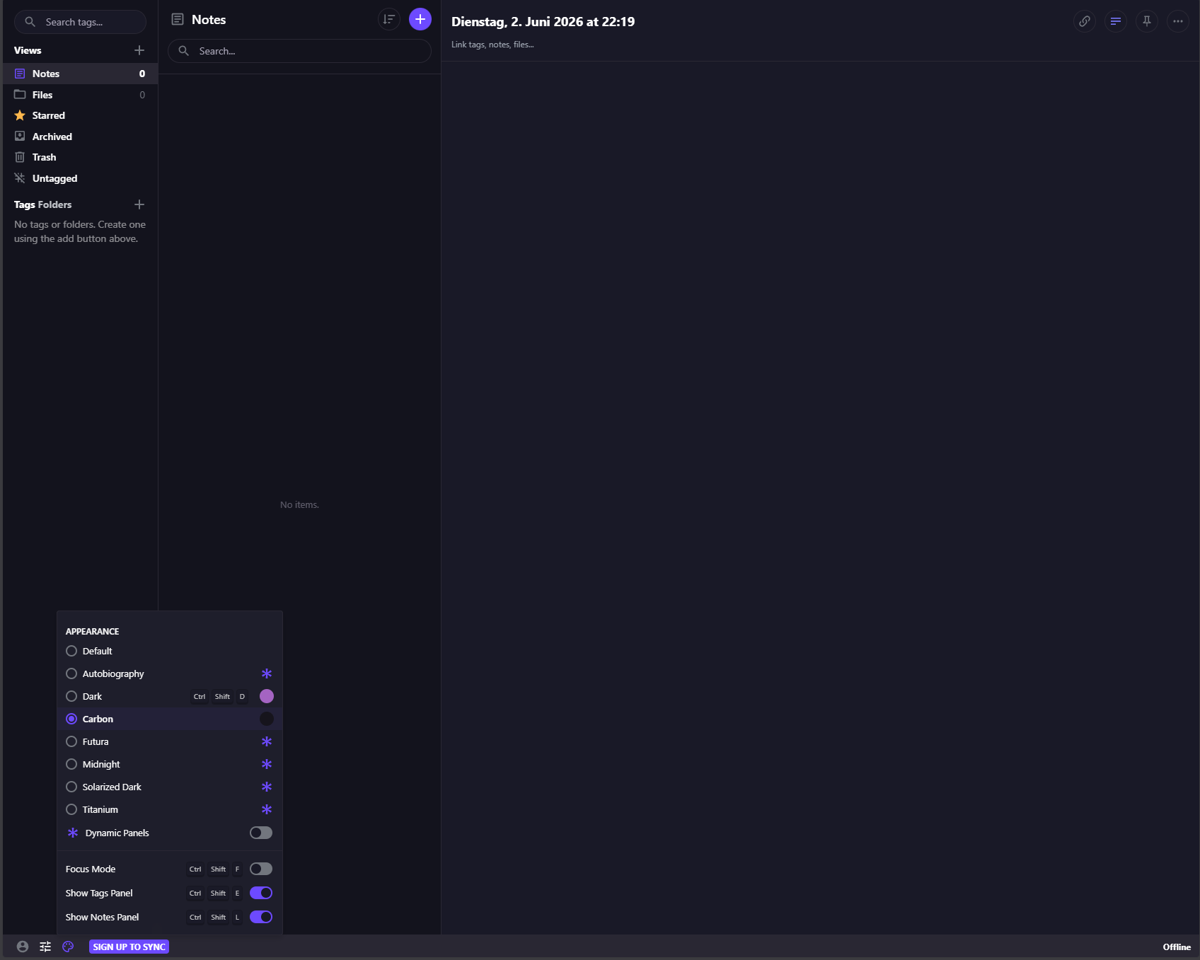 Standard Notes web client — Carbon dark theme with the Appearance menu