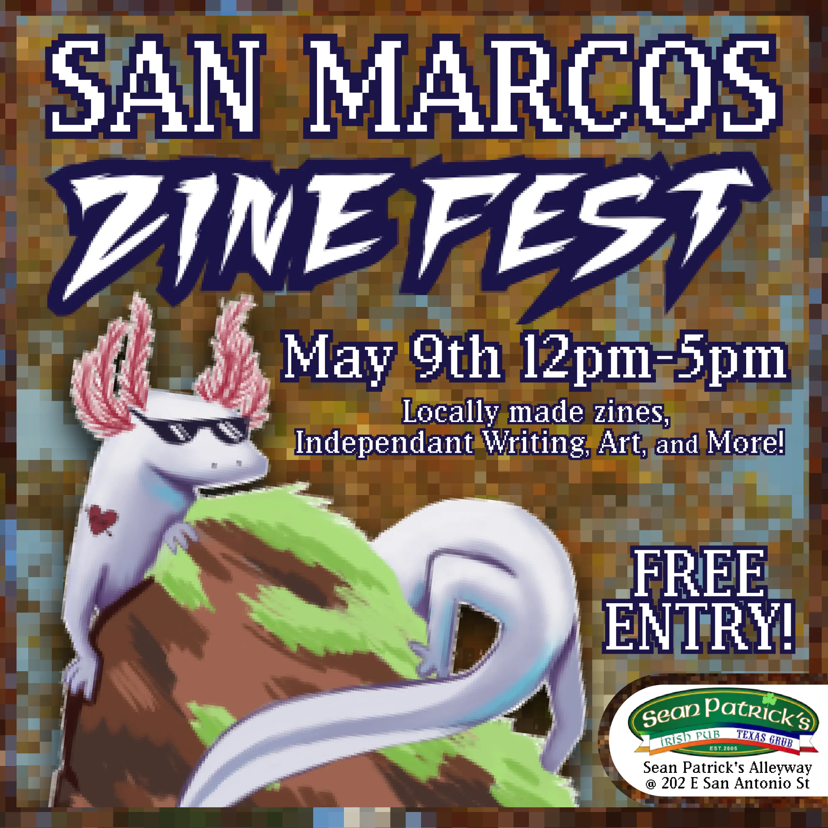 Logo for 2026 San Marcos Zine Fest featuring an axolotl wearing meme sunglasses over blocky image
