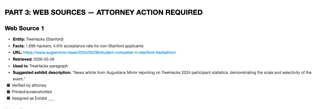 Sample web sources with URLs, quotes, and attorney verification checklist
